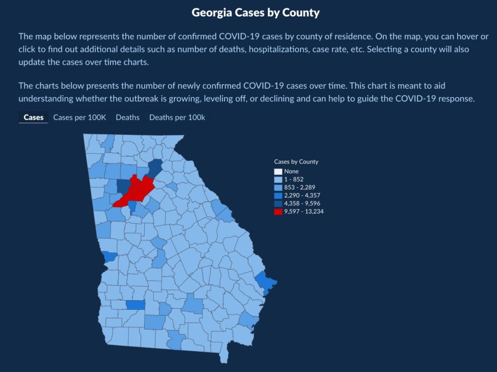 Map of Georgia cases by county from the Georgia Department of Public Health