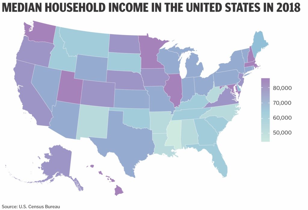 Standard choropleth map of median household income in the United States in 2018.