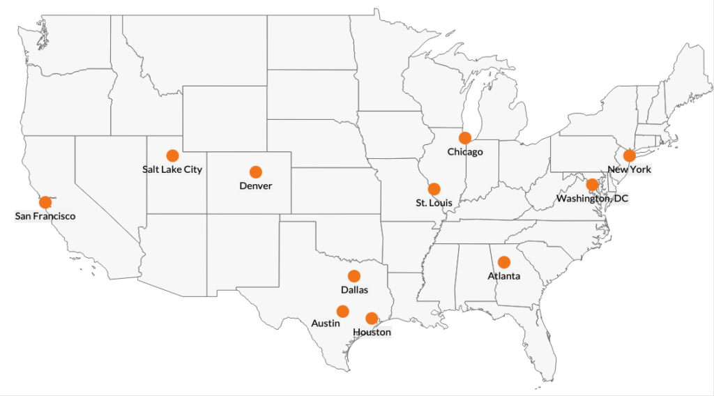 Map showing the eleven cities participating in the April Meetup event.
