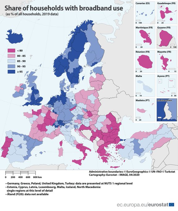 Eurostat map of the share of households with broadband use