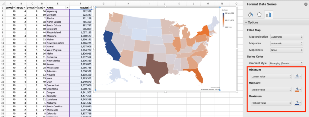 Screenshot of Excel showing a map of US state-level populations