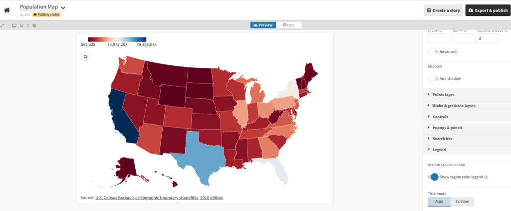 Screenshot of Flourish showing a map of US state-level populations