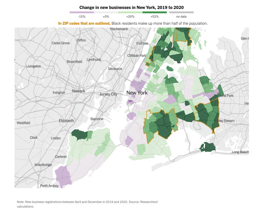 Map of the change in new businesses in New York between 2019 and 2020 from the New York Times