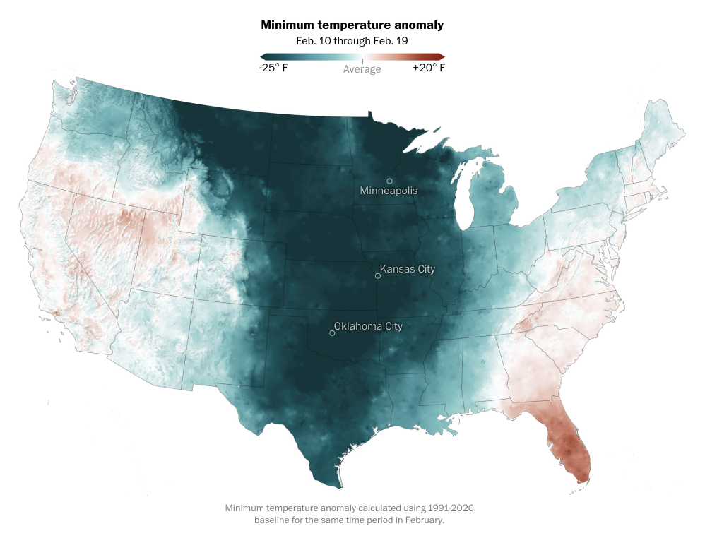 Map of changes in temperature around the United States from the Washington Post